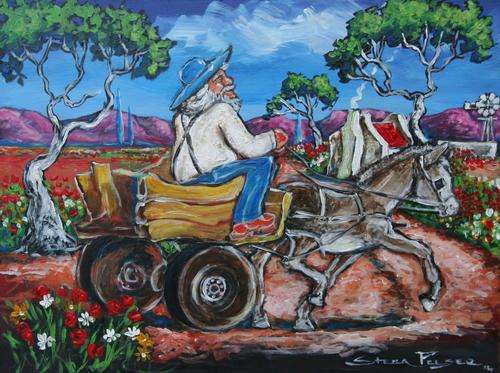 Original Stella Pelser(1970) Bolandse Donkie kar -"Op Pad Huis toe!" 400 x 300 x 6mm