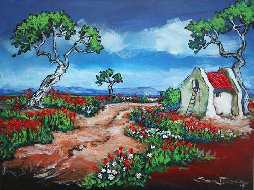 Original Stella Pelser(1970) - "Overberg - Plaas Huisie " 400 x 300 x 6mm