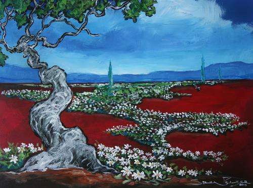 Original Stella Pelser(1970) - "Boland - Kronkel Boom tussen Wit Daisies 02" 400 x 300 x 6mm