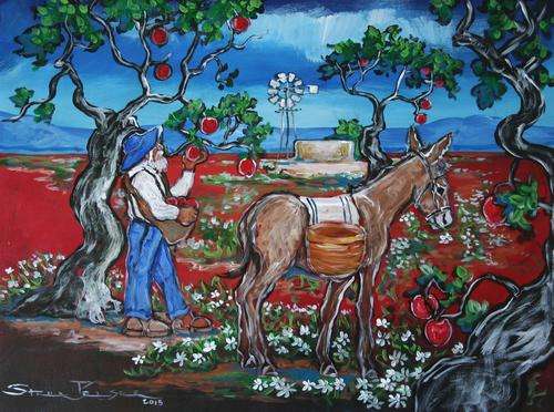 Original Stella Pelser(1970) - "Vrugte tyd in die Boland - Appels Pluk met Josef" 400 x 300 x 6mm