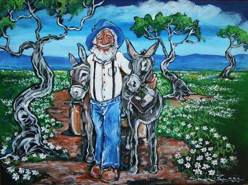 Original Stella Pelser(1970) - "Boland - Ouman met sy Donkies" 400 x 300 x 6mm
