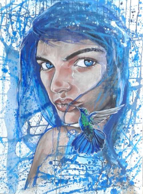 Title :Orginal Artwork by Stella Pelser "Blue Retrospect " Acrylic on Canvas - Size 70cm x 53cm