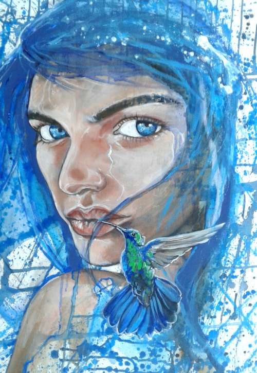 Title :Orginal Artwork by Stella Pelser "Blue Retrospect " Acrylic on Canvas - Size 70cm x 53cm