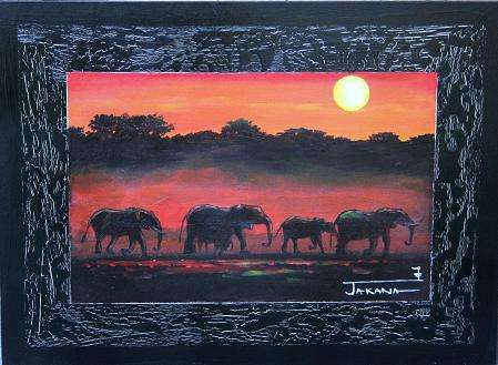 Jakana - Orginal Painting - By Stella Pelser " Sunset with Elephants nr. 015" - 400 x 300