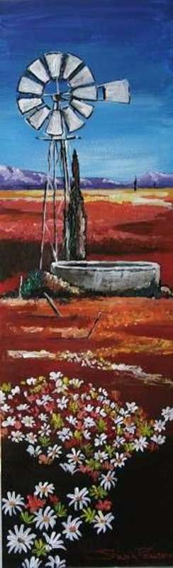 Orginal Painting - By Stella Pelser "  Karoo Windpomp met blomme" - 475 x 150mm