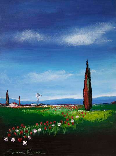 Origanal painting by Stella Pelser - "Farm with field of red poppies " 400 x 300