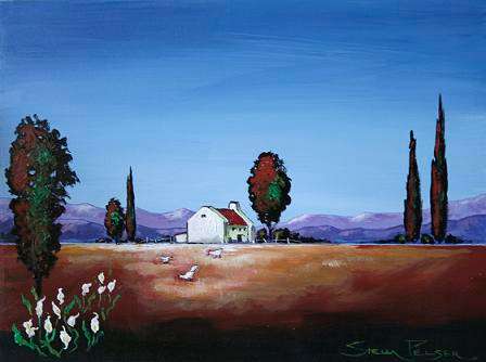 Origanal painting by Stella Pelser - "Farmhouse with Arum lilies " 400 x 300