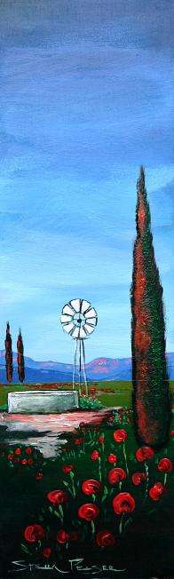 Original painting by Stella Pelser - "Overberg Windmill with Red Poppies" - 475 x 150