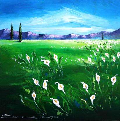Original painting by Stella Pelser - "White Arum Lilies in the Overberg 01" - 300 x 300 mm