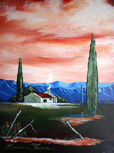 Original painting by Stella Pelser - "Boland Drome - Plaashuis " 400 x 300
