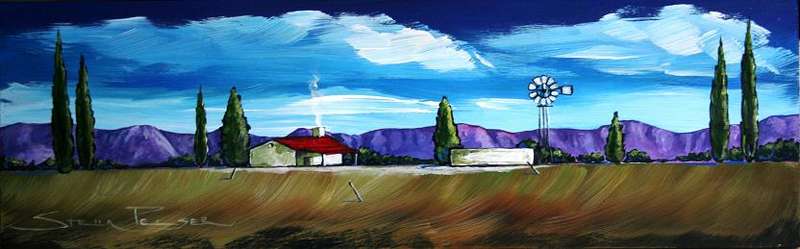 Original painting by Stella Pelser - "Overberg Landskap - Plaashuis met Windpomp" 475 x150