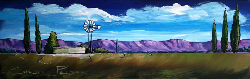 Original painting by Stella Pelser - "Overberg Landskap - Windpomp in Groen Koringlande " 475 x150