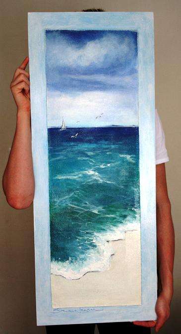 Original  Stella Pelser "Seascape with sailboat"  960 x 385mm