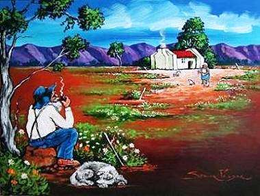 Original painting by Stella Pelser - "Ou man met sy hond - By die Huis!" - 400 x300