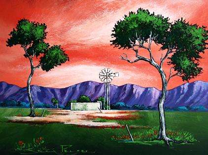Original painting by Stella Pelser - "Overberg drome - Windpomp tussen die bome" 400 x 300