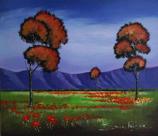 Original painting by Stella Pelser - "Drie bome tussen daisies 02 " - 345 x 300