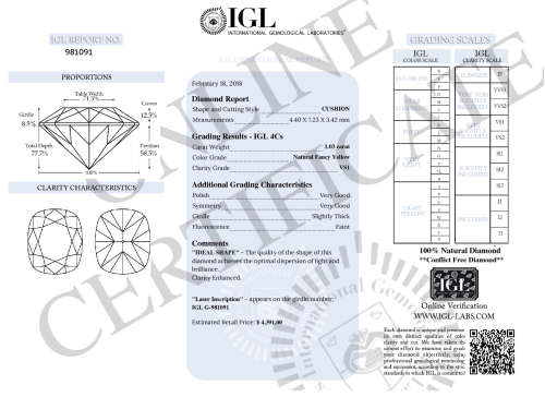 IGL CERTIFIED AND SERIAL ENGRAVED*** 1.03 Cts STUNNING FIRE VS1 FANCY YELLOW NATURAL DIAMON