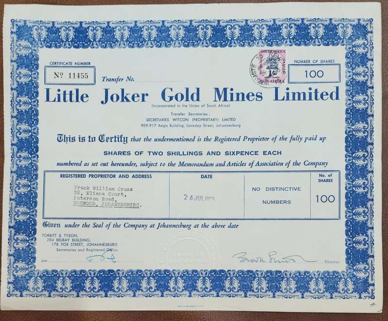Little Joker Gold Mines Ltd share certificate 1955