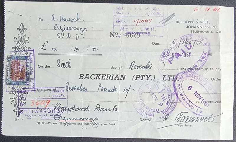 South West Africa cheque 1951