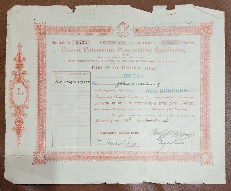 Devon Petroleum Prospecting Syndicate share certificate for 100 shares dated 1926