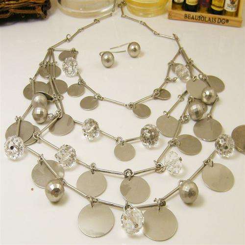fashion multilayer clear glass&silvery beads necklace&earrings set
