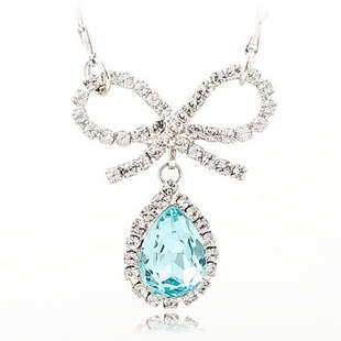 fashion blue crystal water drop CZ bowknot pendant necklace