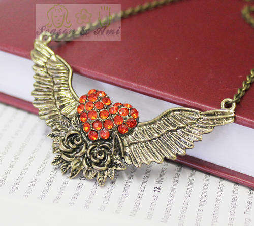 Fashion Vintage Bronze Red Rhinestone Heart Wing Pendant Necklace