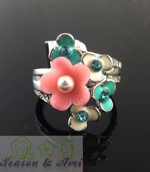NEW fashion lovely rhinestone pink&green flower rings