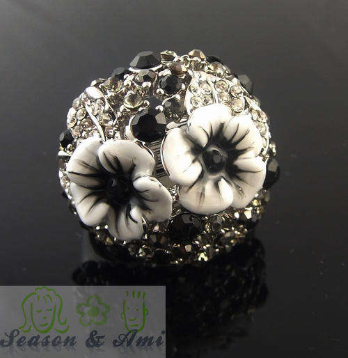 NEW fashion black rhinestone white flower big rings