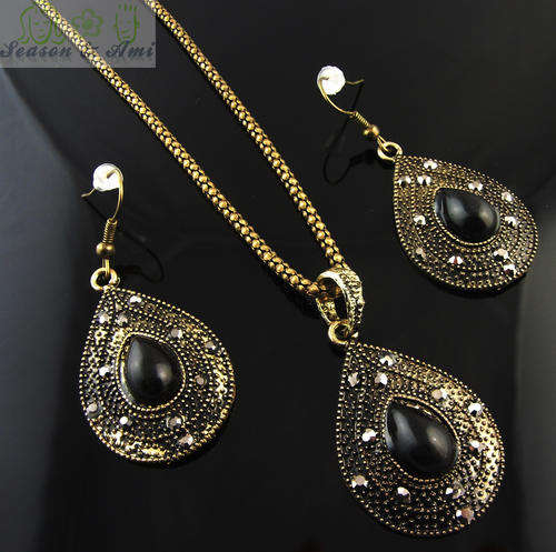 vintage style black water-drop necklace&earrings sets