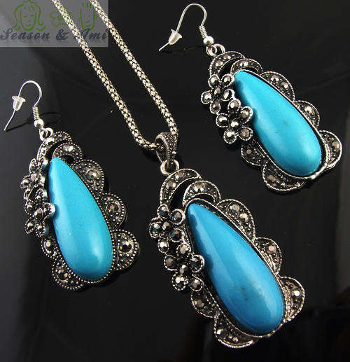 vintage style blue water-drop necklace&earrings sets