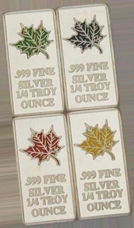 NEW!!!  4 x .999 Fine Silver 1/4 Troy Oz Maple Bars (Green, Blue, Yellow, Red)