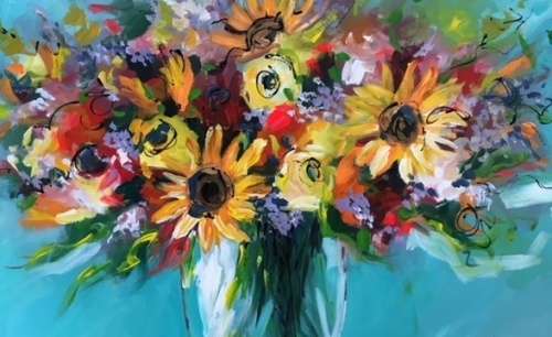 Flowers in glass vase (600 x 800) on canvas by Lofty . Unframed