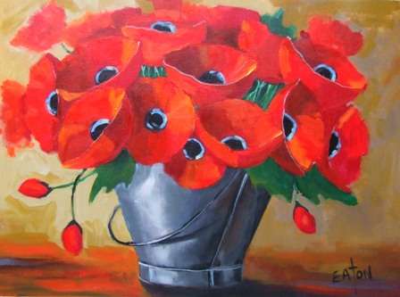 Poppies in bucket (560 x 760)  Acrylic on canvas. Unframed