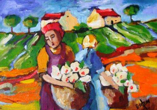"Lelie plukkers "(250 x350)  Acrylic on canvas board. Unframed.