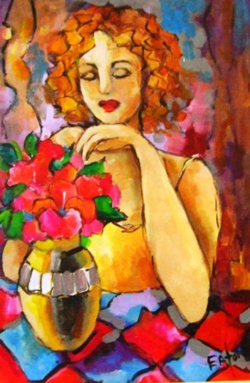 Girl with flowers (400 x 600) Acrylic on board. Unframed