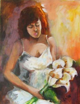 Vrou met lelies (600 x 800)  Acrylic on canvas. Unframed.