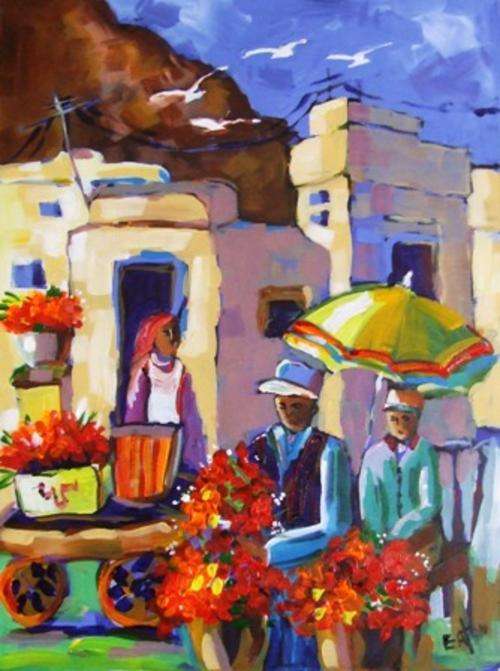 Blommeverkopers (560 x 760) Acrylic on canvas. Unframed.