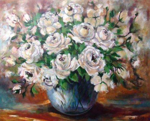 White roses in glass bowl (900 x 1100) Acrylic on canvas. Unframed, Large painting.