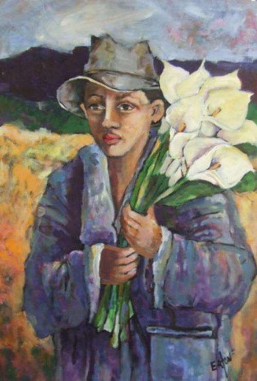 Boy with arum lilies (600 x 900) Acrylic on canvas. Unframed. Large painting