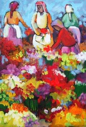 Flower sellers. Oil glazed acrylic on board  (400 x 600) Unframed