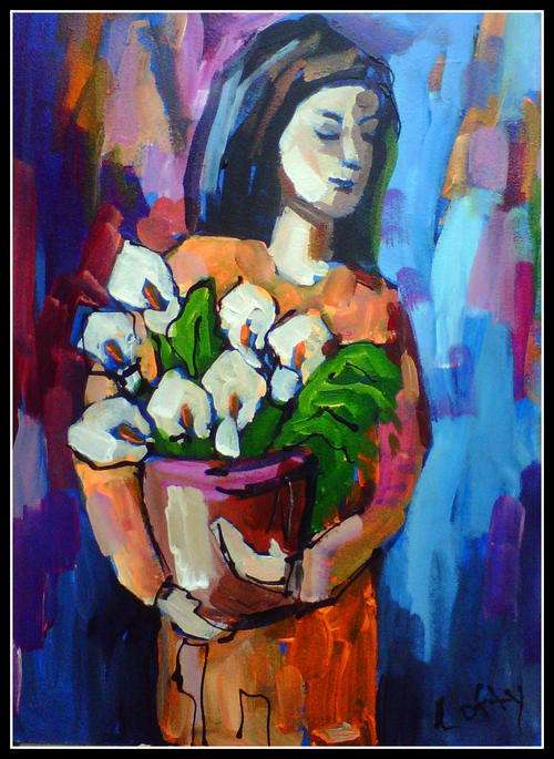Lilies for the lady  .Oil glazed Acrylic on board. (300 x 400)