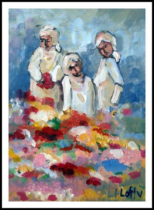 Flower sellers .Original acrylic by Lofty.(300 x 400)