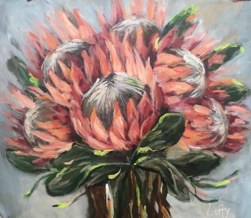 Proteas on canvas by Lofty. 600 x 700