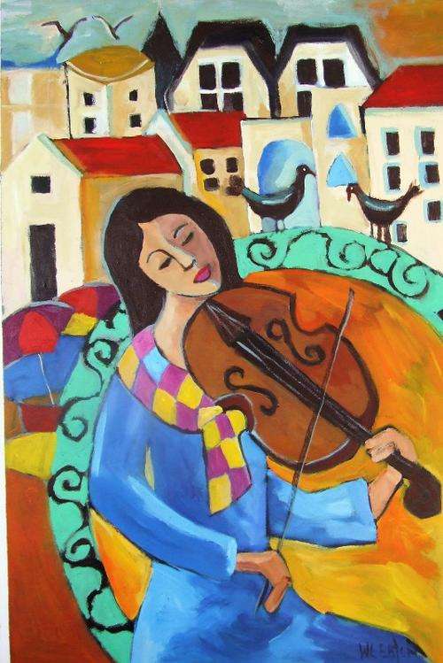 Original painting by Lofty Eaton.(740x1140) Street musician .Acrylic on canvas.Large painting.