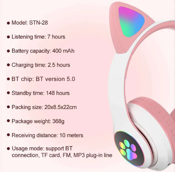 STN-28 pro Wireless Headset Cat Ear 5.0 Bluetooth Headphones LED Flashing Light Sports