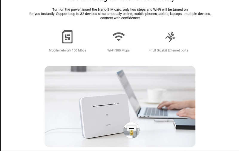 HUAWEI 4G Mobile Router B311B-853 NANO SIM Card Slot Fixed Line Cat 4 300Mbps Access Point