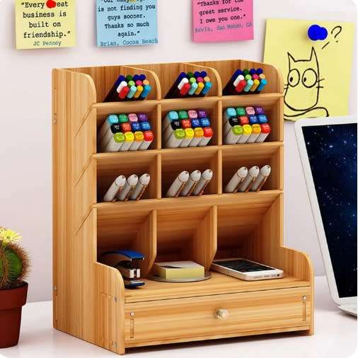 4-Tier Multi-Function DIY Wooden Pen Holder with Pull-Out Drawer