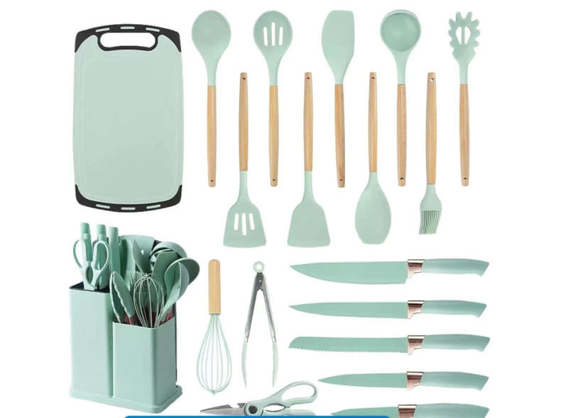 19 Piece Silicone Kitchen Set with Knives, Cutting Board and Storage Rack - Green