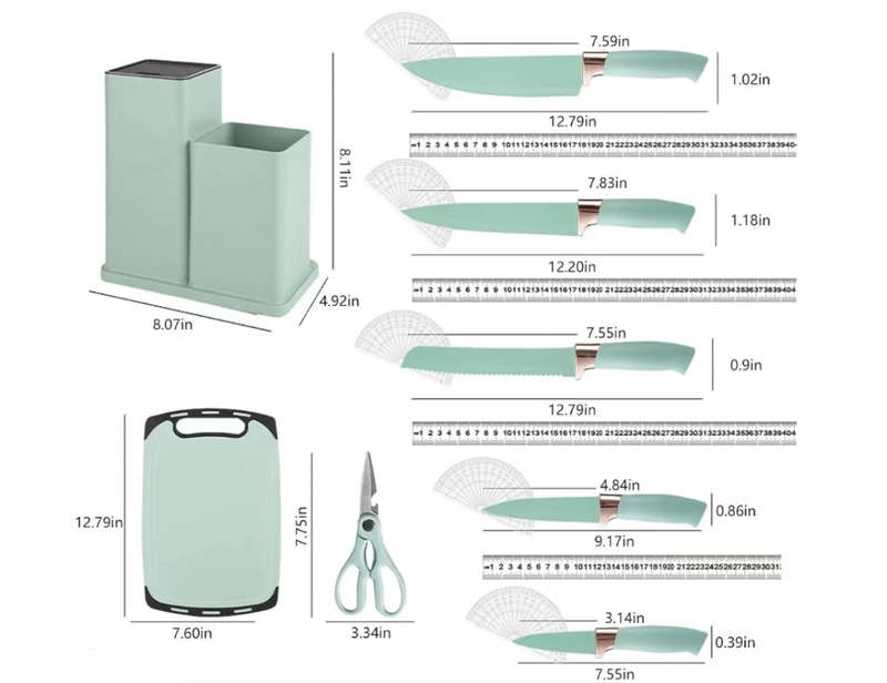 19 Piece Silicone Kitchen Set with Knives, Cutting Board and Storage Rack - Green